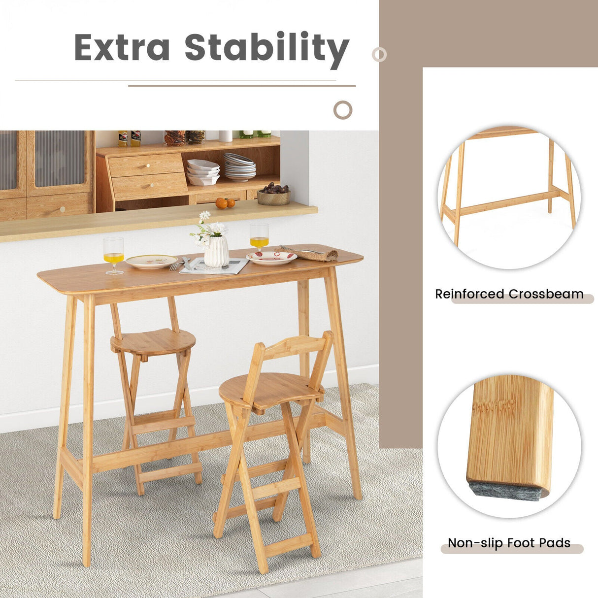 Mesa Alta de Bambú de 48 Pulgadas, Mesa de Consola de Comedor Tipo Bar-Natural