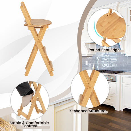 Juego de 2 taburetes de bar plegables de bambú de 24 pulgadas con reposapiés y asas, natural