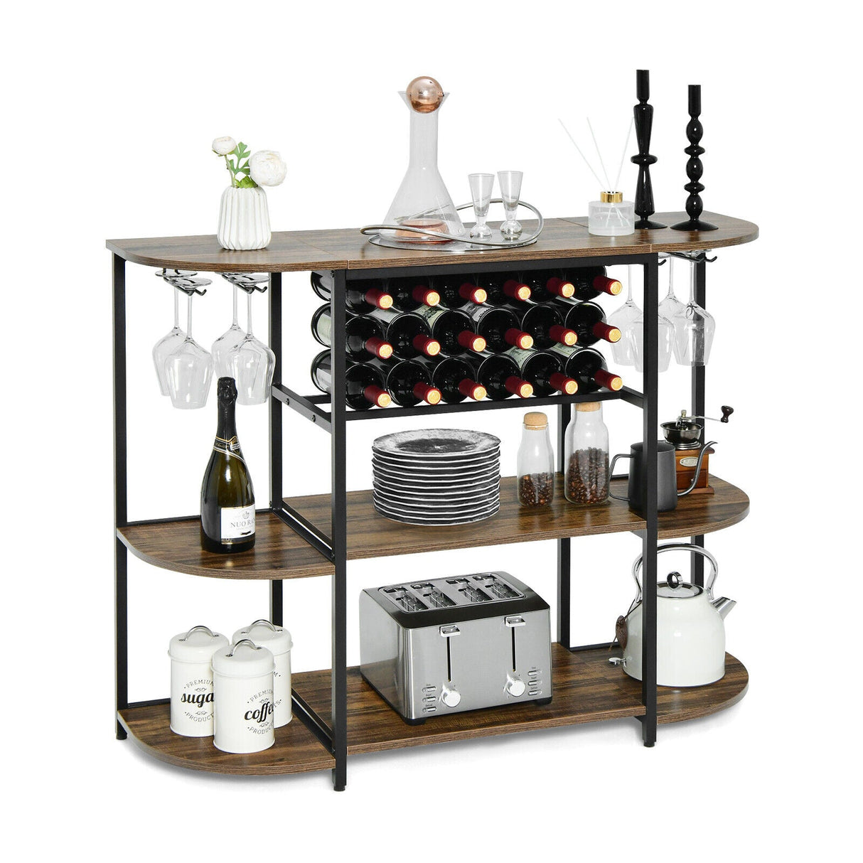 Estante para vinos de 47 pulgadas con portavasos y estantes de almacenamiento
