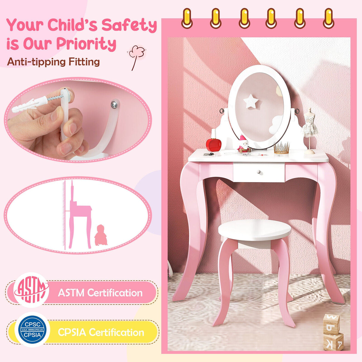 Tocador de juguete para niños con espejo giratorio 360° y accesorios de juego