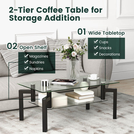 Mesa de centro rectangular de cristal de 2 niveles con patas de tubo de metal - Negro