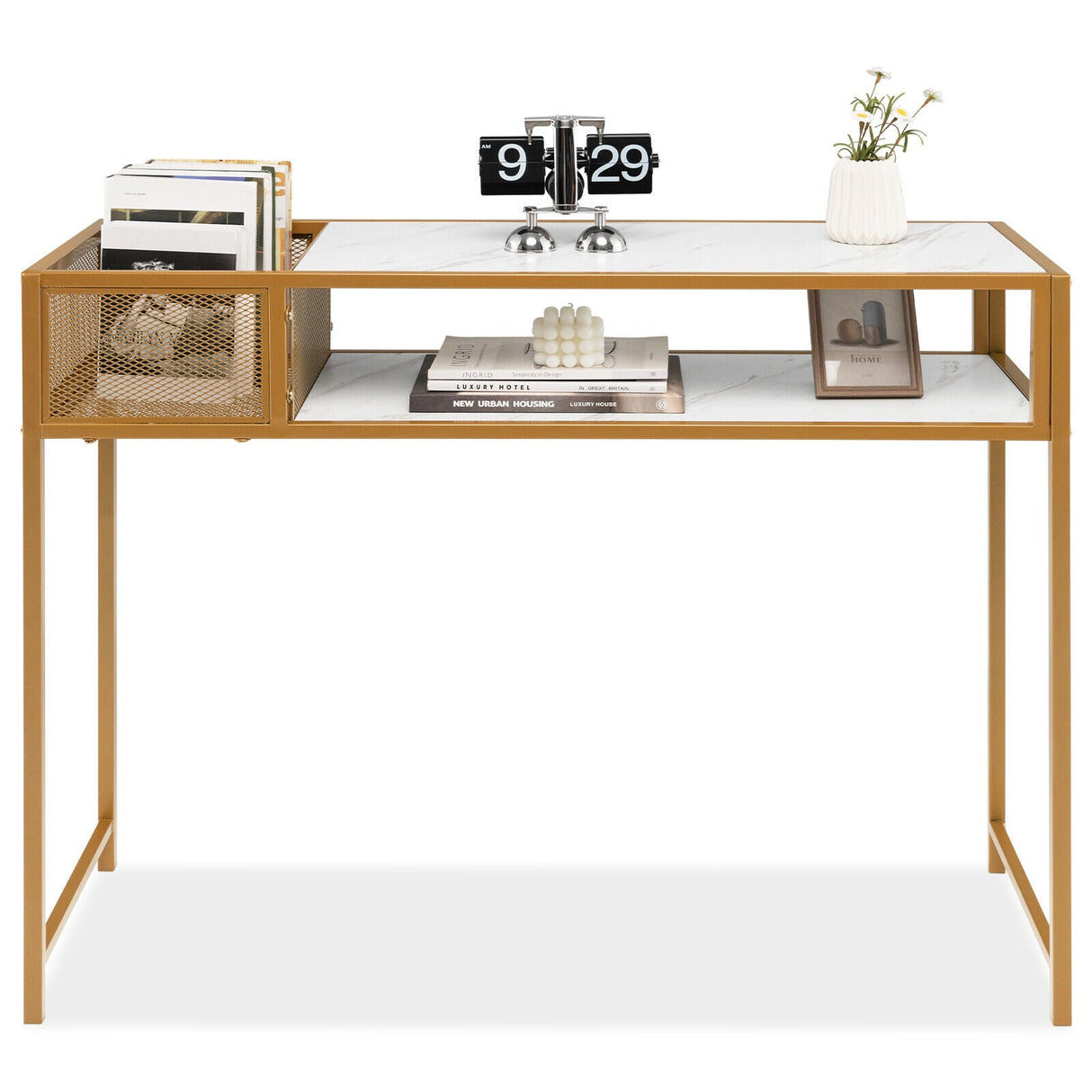 Mesa consola de imitación mármol con cestas de rejilla para recibidor y salón - Blanco