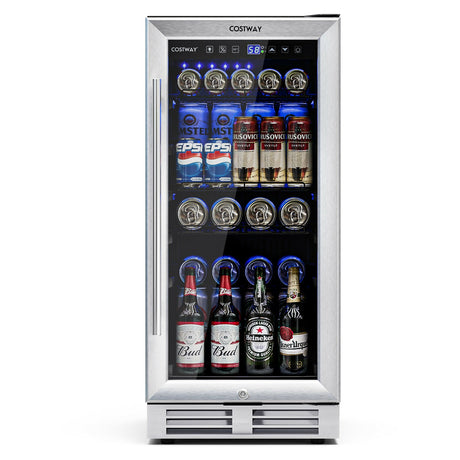 Nevera para bebidas de 15 pulgadas, 100 latas, empotrable, con temperatura y estante ajustables - Plateada