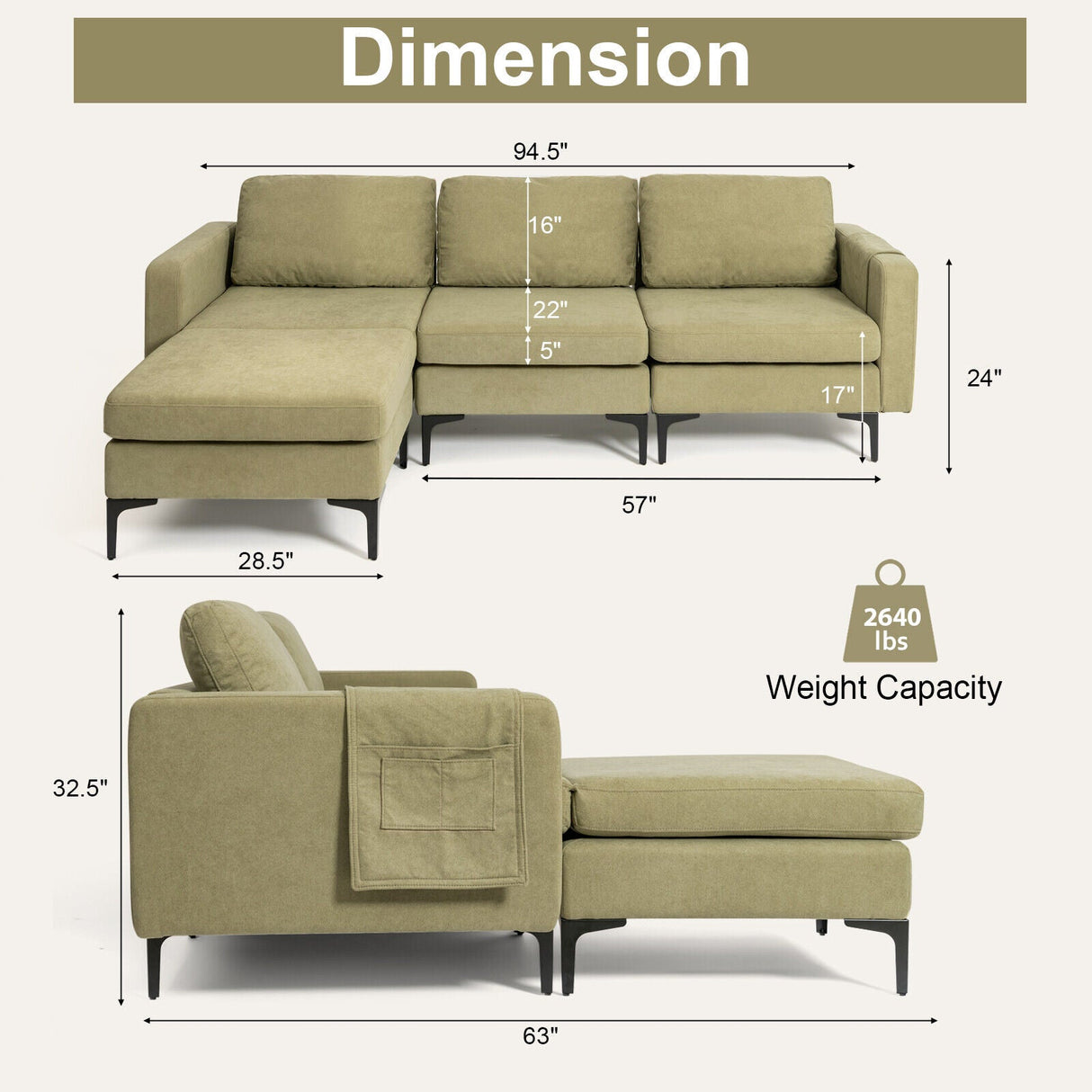 Sofá modular seccional en forma de L de 3 asientos con chaise reversible y 2 puertos USB - Verde