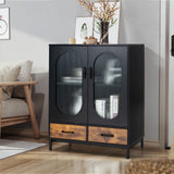 Aparador Industrial de Cocina con Puertas de Vidrio Templado - Negro