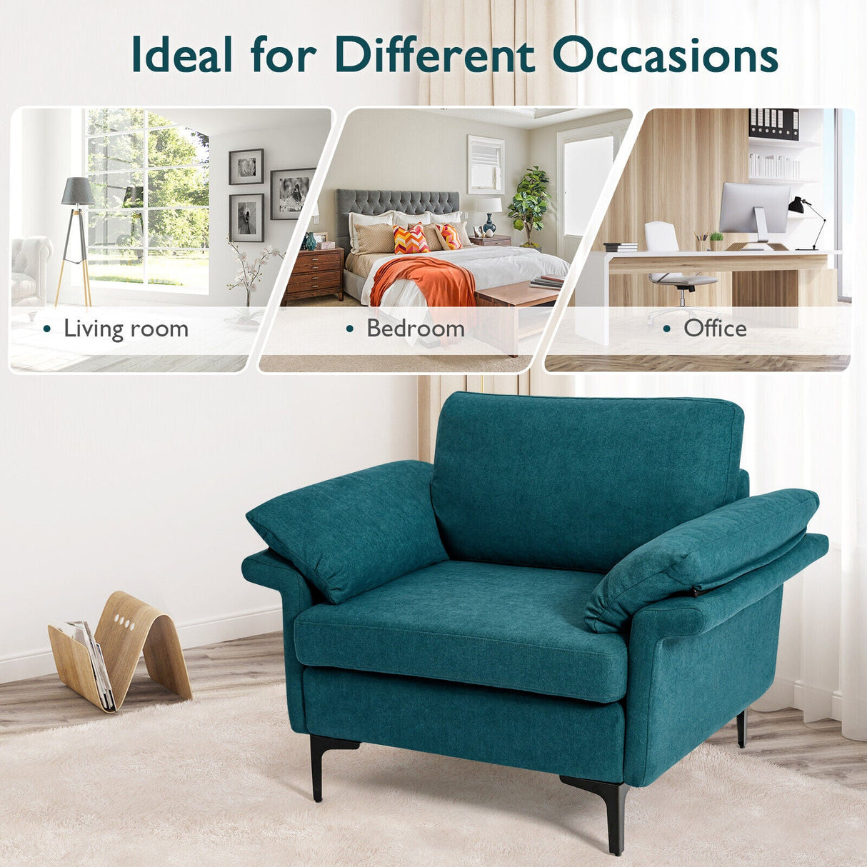 Sillón moderno de tela con muelles distribuidos originales y cojines en los reposabrazos