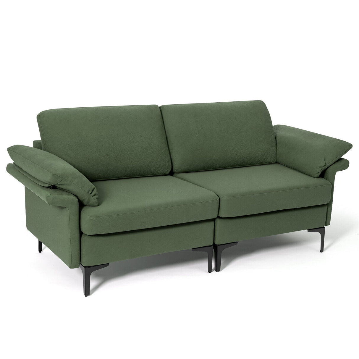 Sofá biplaza moderno de tela con patas de metal y almohadas en los reposabrazos
