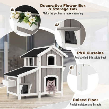 Casa de madera exterior de 2 pisos para gatos salvajes con puerta de escape - Gris