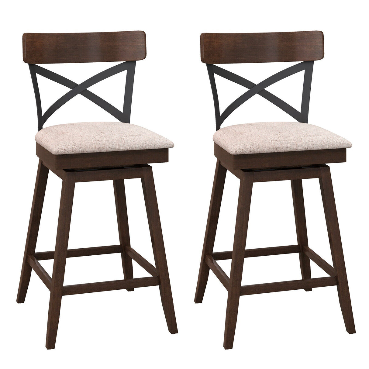 Juego de 2 taburetes de bar giratorios de madera con asiento acolchado y respaldo en X abierto