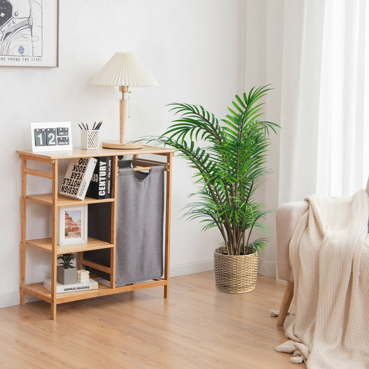 Soporte de bambú para cesto de ropa sucia con bolsa extraíble deslizante y estantes abiertos de 3 niveles