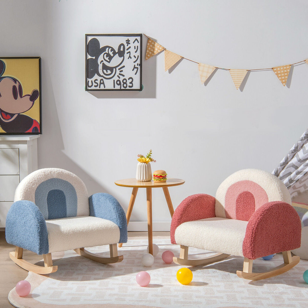 Mecedora para niños Sofá tapizado de terciopelo para niños con patas de madera maciza