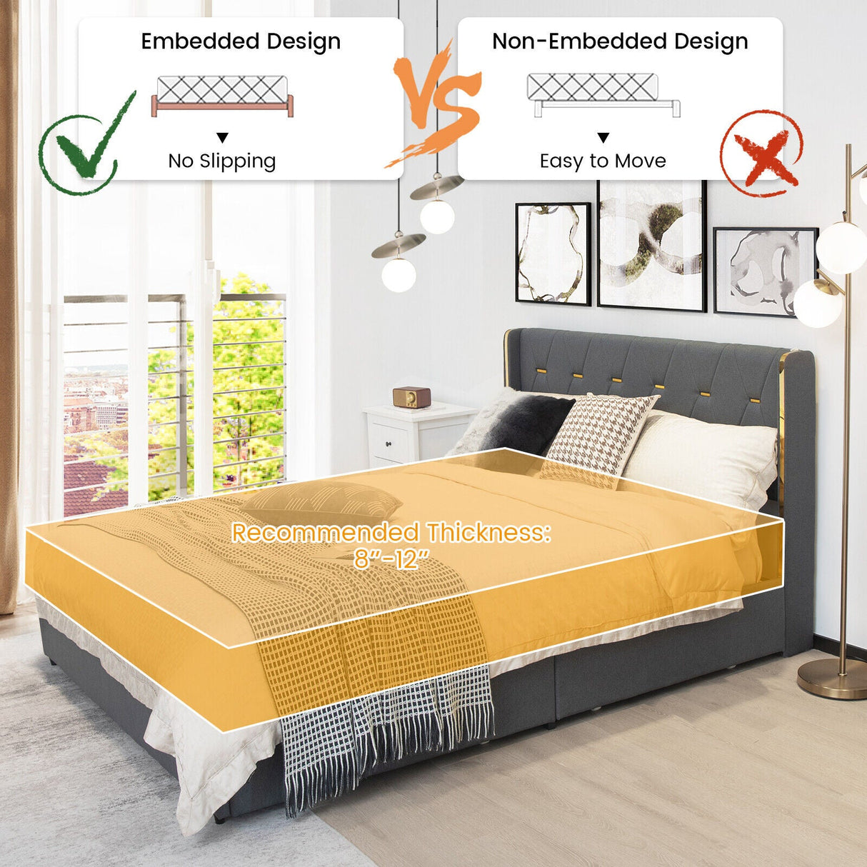 Base de cama tapizada tamaño matrimonial/queen con 4 cajones de almacenamiento