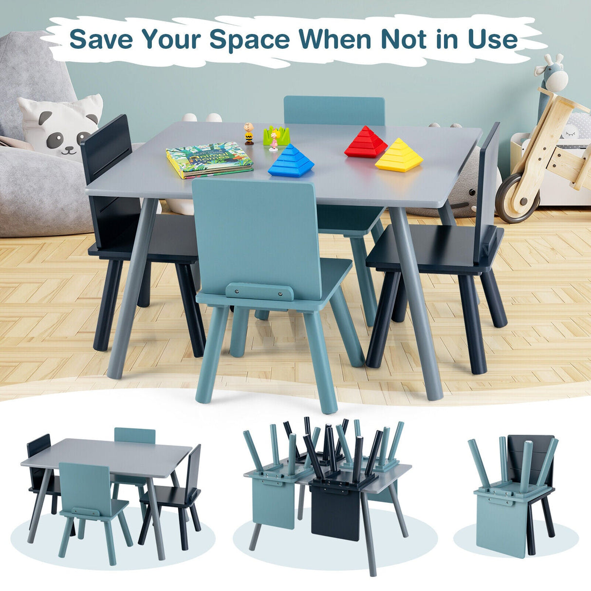 Set de Muebles de Actividad de Madera de 5 Piezas para Niños con Bloques de Construcción - Azul