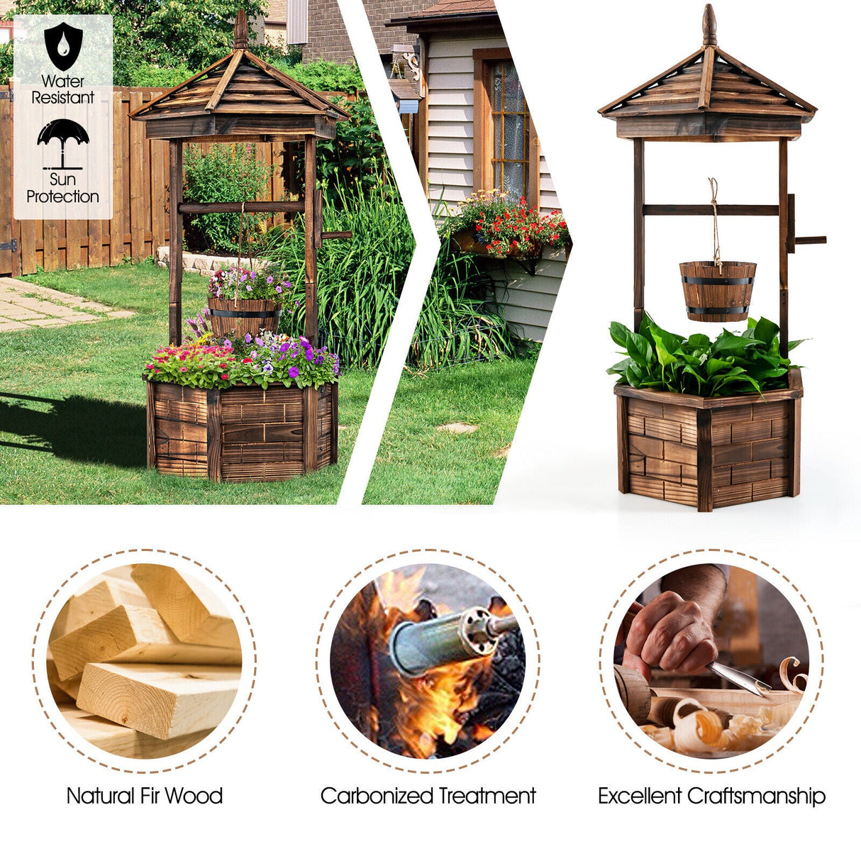 Pozo de los deseos rústico de madera con cubo colgante ajustable – Marrón