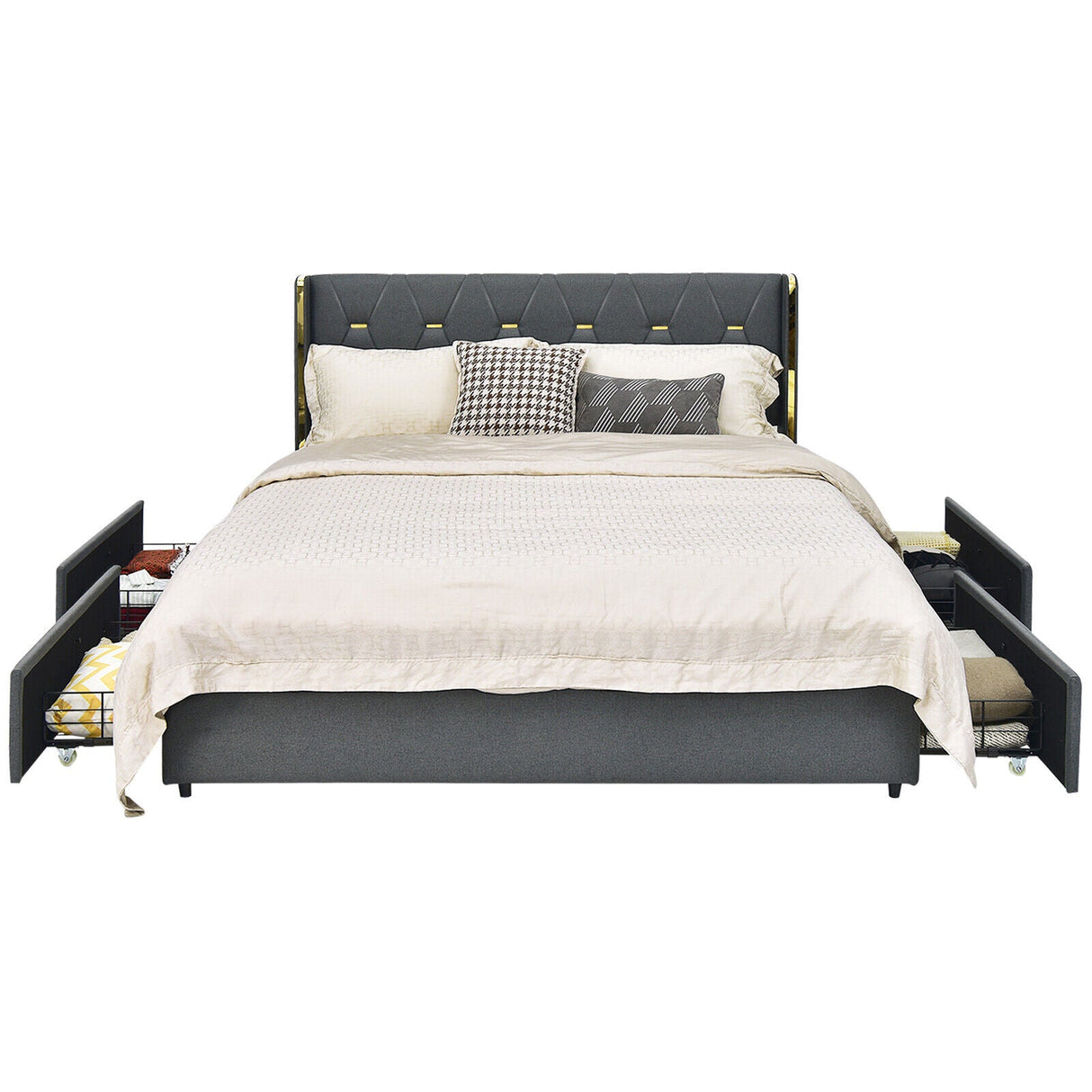 Base de cama tapizada tamaño matrimonial/queen con 4 cajones de almacenamiento