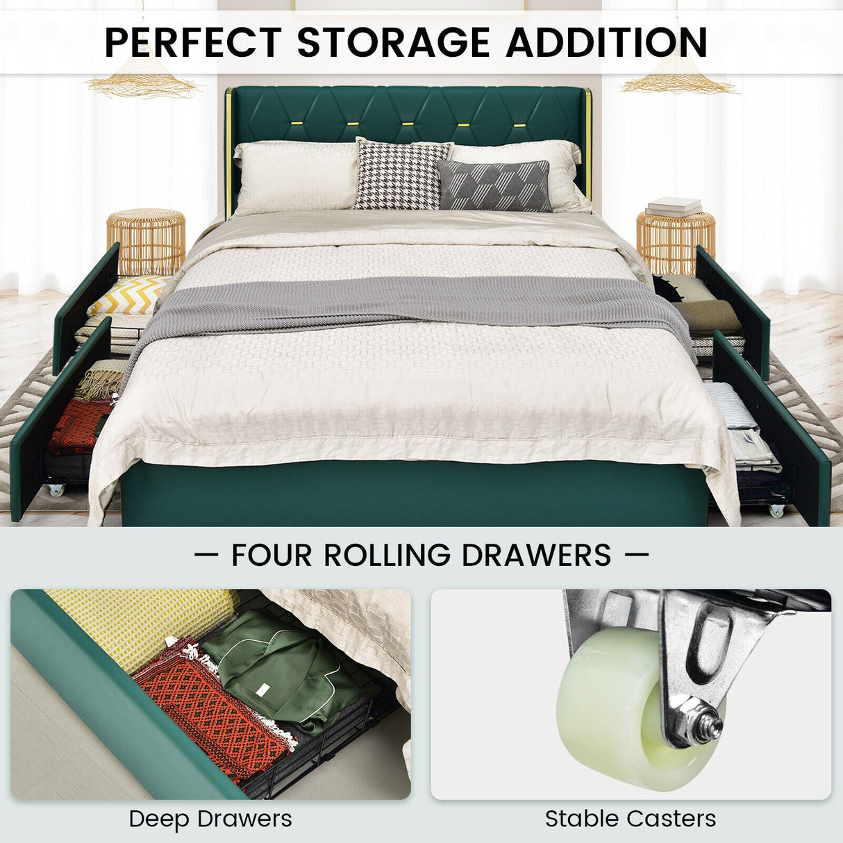 Full/Queen Size Upholstered Bed Frame with 4 Drawers-Green