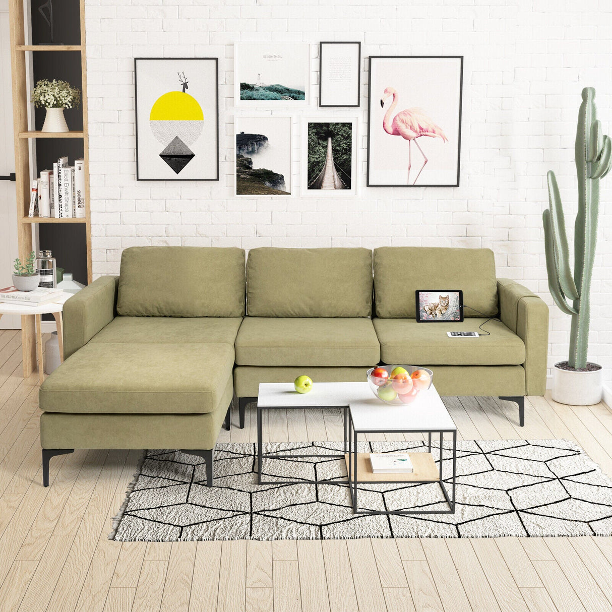 Sofá modular seccional en forma de L de 3 asientos con chaise reversible y 2 puertos USB - Verde