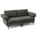 Sofá biplaza moderno de tela con patas de metal y almohadas en los reposabrazos