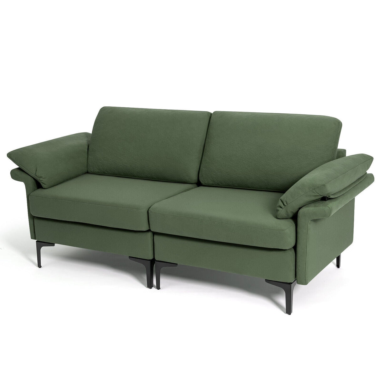 Sofá biplaza moderno de tela con patas de metal y almohadas en los reposabrazos