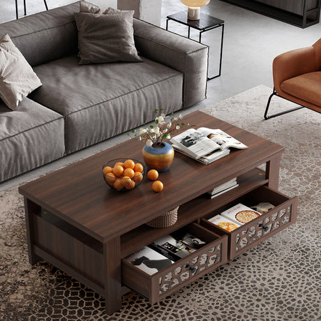 Mesa de centro de 3 niveles con 2 cajones y 5 patas de apoyo