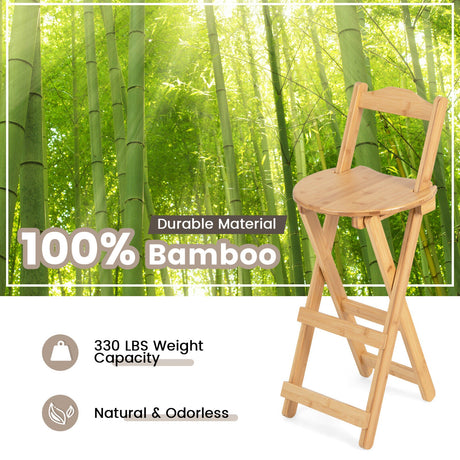 Juego de 2 taburetes de bar plegables de bambú de 24 pulgadas con reposapiés y asas, natural