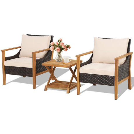 Juego de muebles de mimbre para patio de 3 piezas con mesa auxiliar de 2 niveles y sillones acolchados - Natural