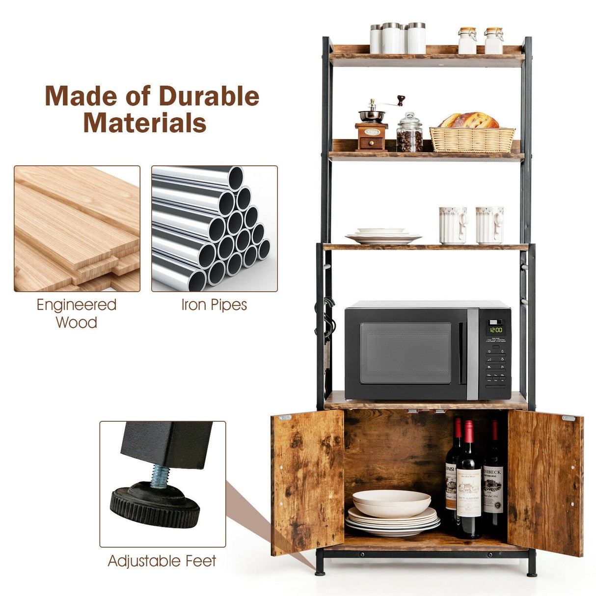 4-Tier Industrial Kitchen Bakers Rack Microwave Oven Stand-Brown