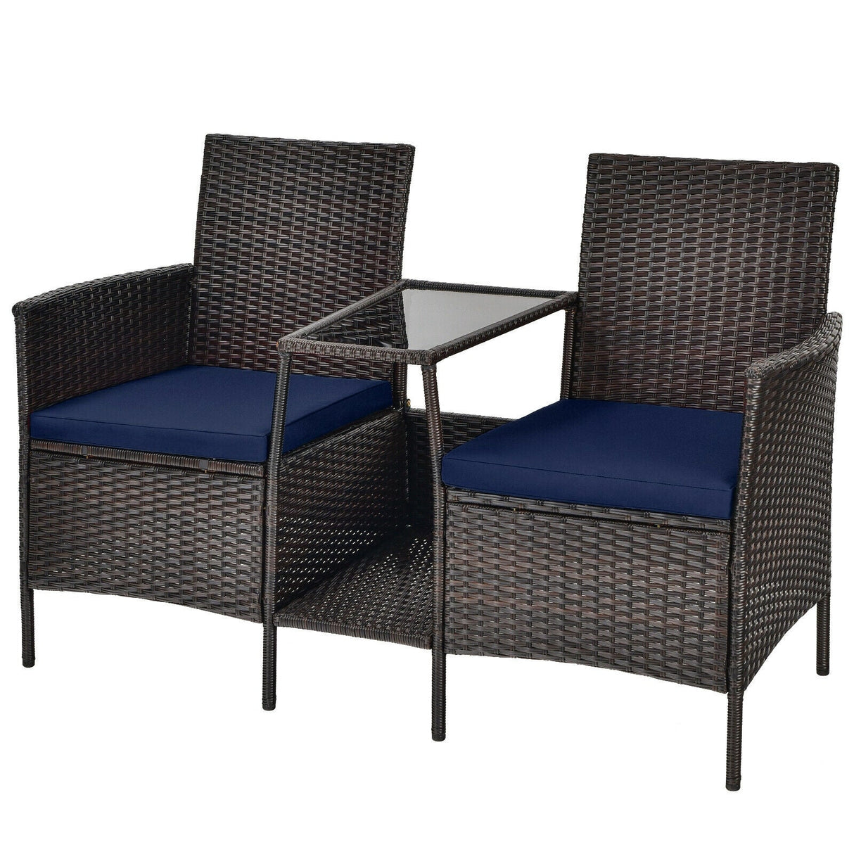 Sofá de mimbre de ratán para patio con cojines, sofá de dos plazas y mesa de vidrio