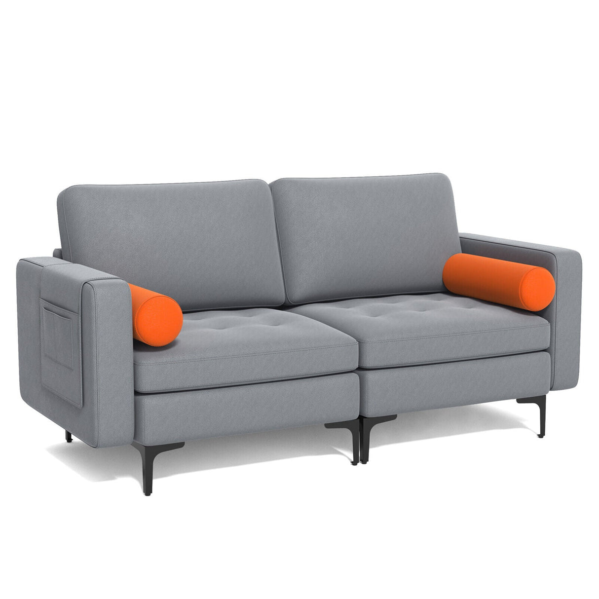 Sofá biplaza moderno con 2 cojines cilíndricos y bolsillo lateral de almacenamiento - Gris