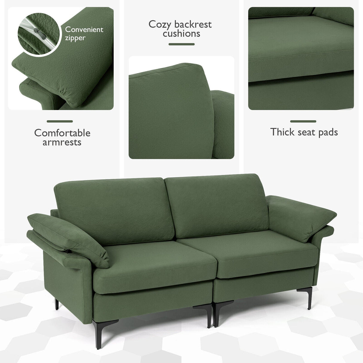 Sofá biplaza moderno de tela con patas de metal y almohadas en los reposabrazos