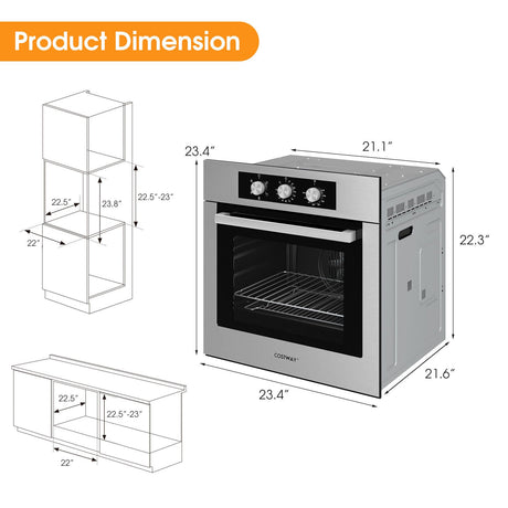Horno de pared simple de 24 pulgadas y 2.47 pies cúbicos con 5 modos de cocción - Plata