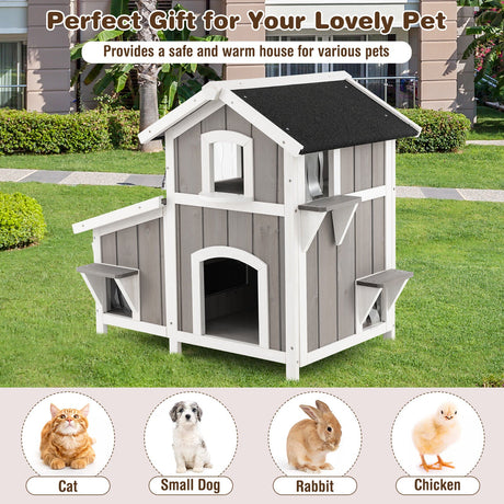 Casa de madera exterior de 2 pisos para gatos salvajes con puerta de escape - Gris