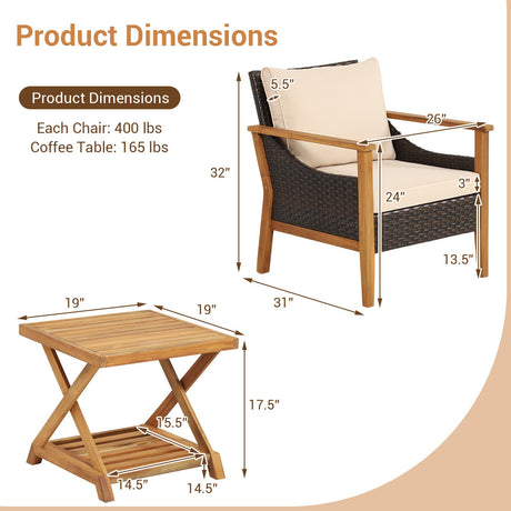Juego de muebles de mimbre para patio de 3 piezas con mesa auxiliar de 2 niveles y sillones acolchados - Natural