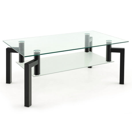 Mesa de centro rectangular de cristal de 2 niveles con patas de tubo de metal - Negro