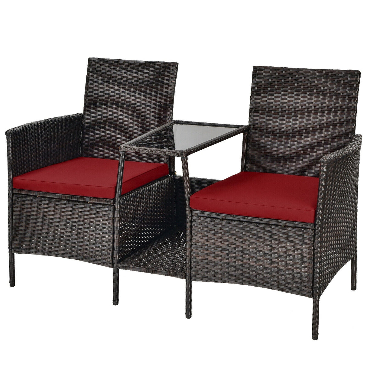 Sofá de mimbre de ratán para patio con cojines, sofá de dos plazas y mesa de vidrio