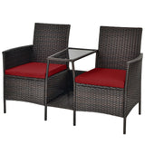 Sofá de mimbre de ratán para patio con cojines, sofá de dos plazas y mesa de vidrio