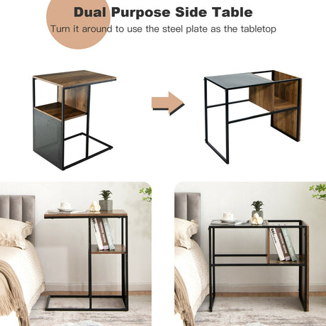 Mesa auxiliar reversible de 2 niveles en forma de C con estante de madera para sala de estar - Marrón
