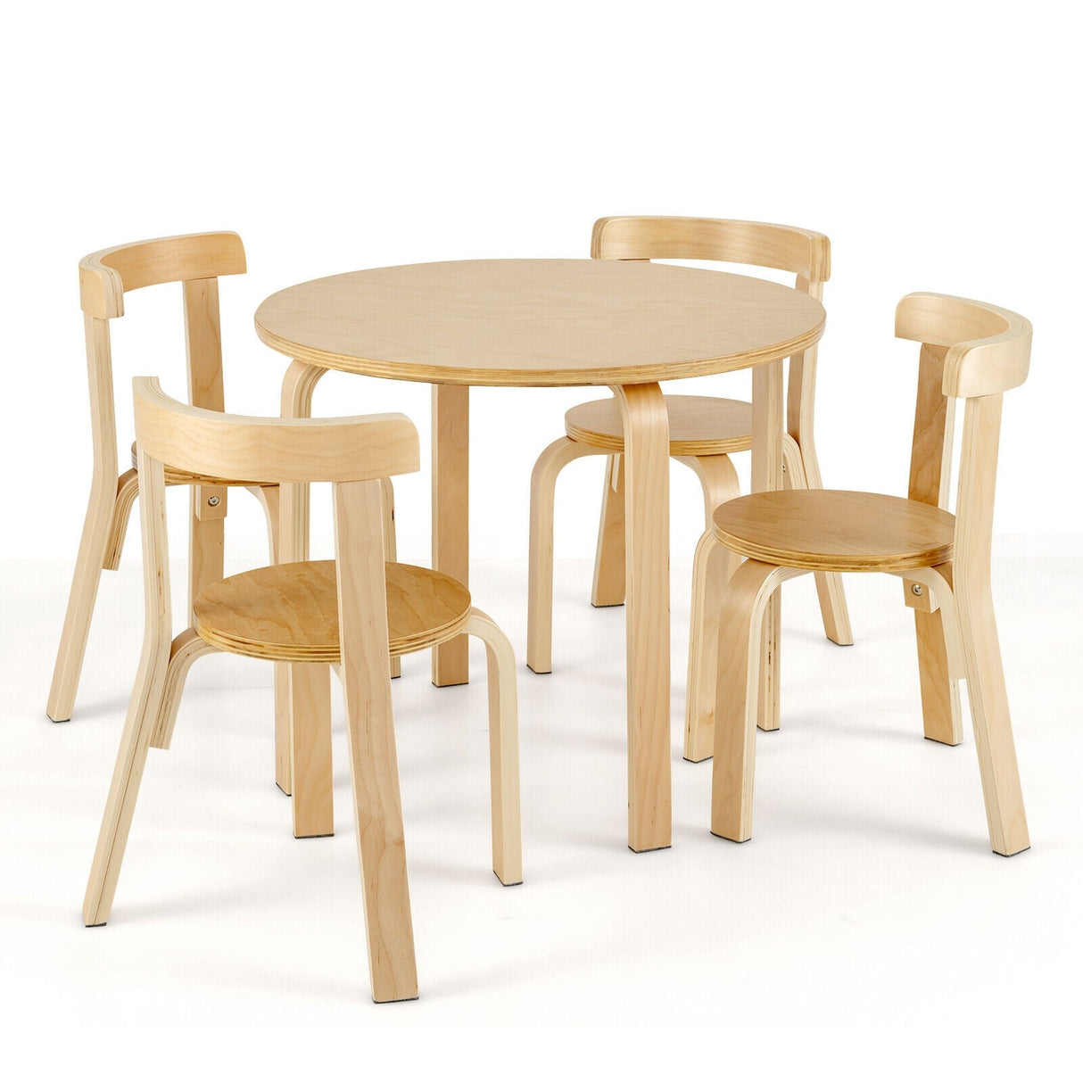 Juego de mesa y 4 sillas de madera para niños con respaldo curvado