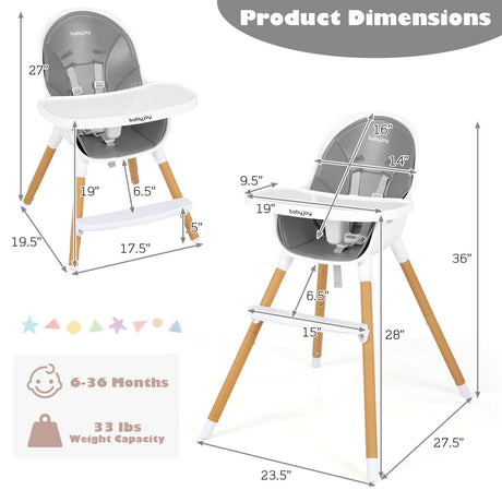 Silla alta convertible 4 en 1 para bebés, silla de alimentación infantil con bandeja ajustable