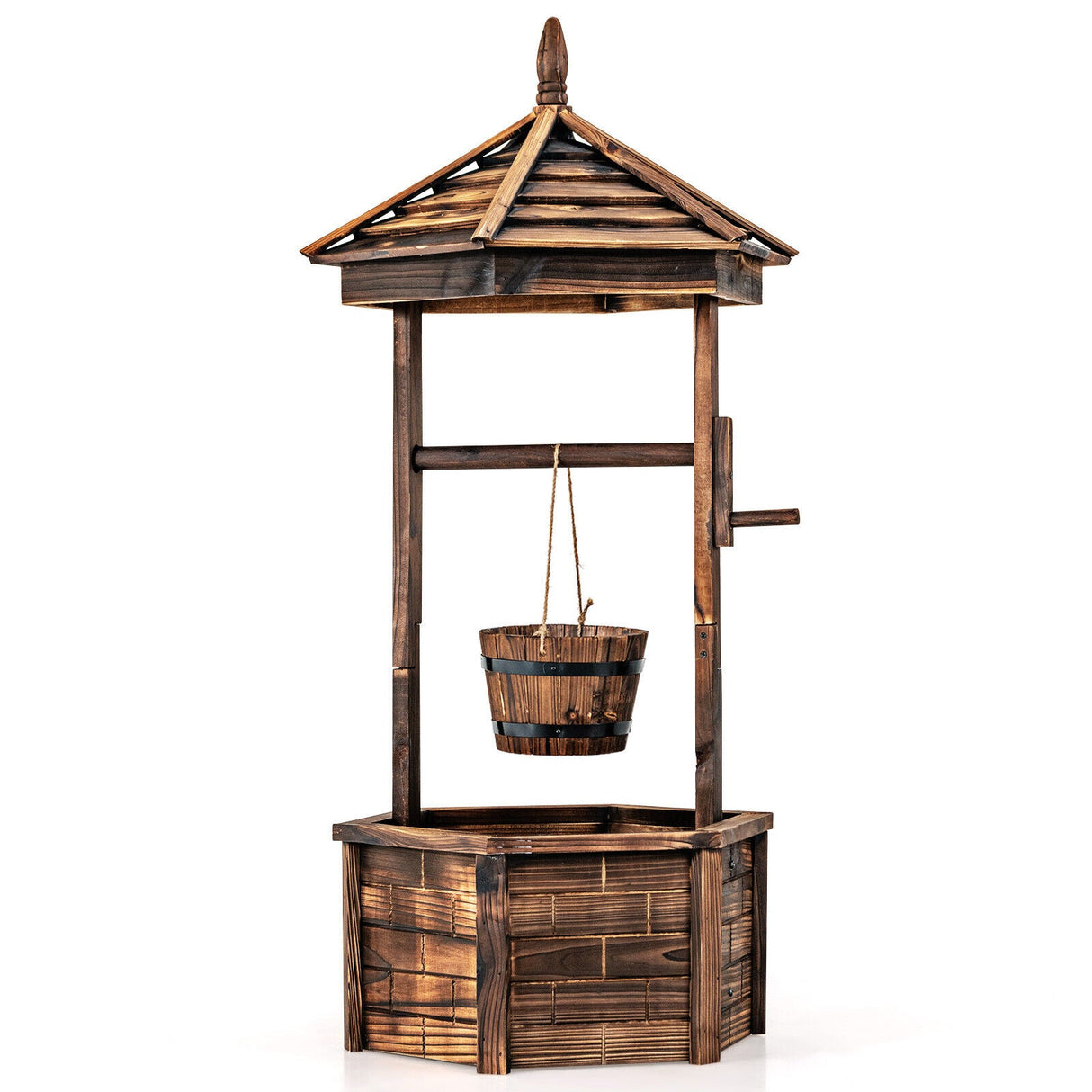 Pozo de los deseos rústico de madera con cubo colgante ajustable – Marrón