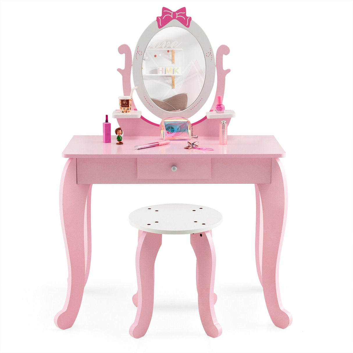 Juego de tocador y taburete para niños con espejo ovalado giratorio - Rosa