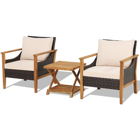 Juego de muebles de mimbre para patio de 3 piezas con mesa auxiliar de 2 niveles y sillones acolchados - Natural