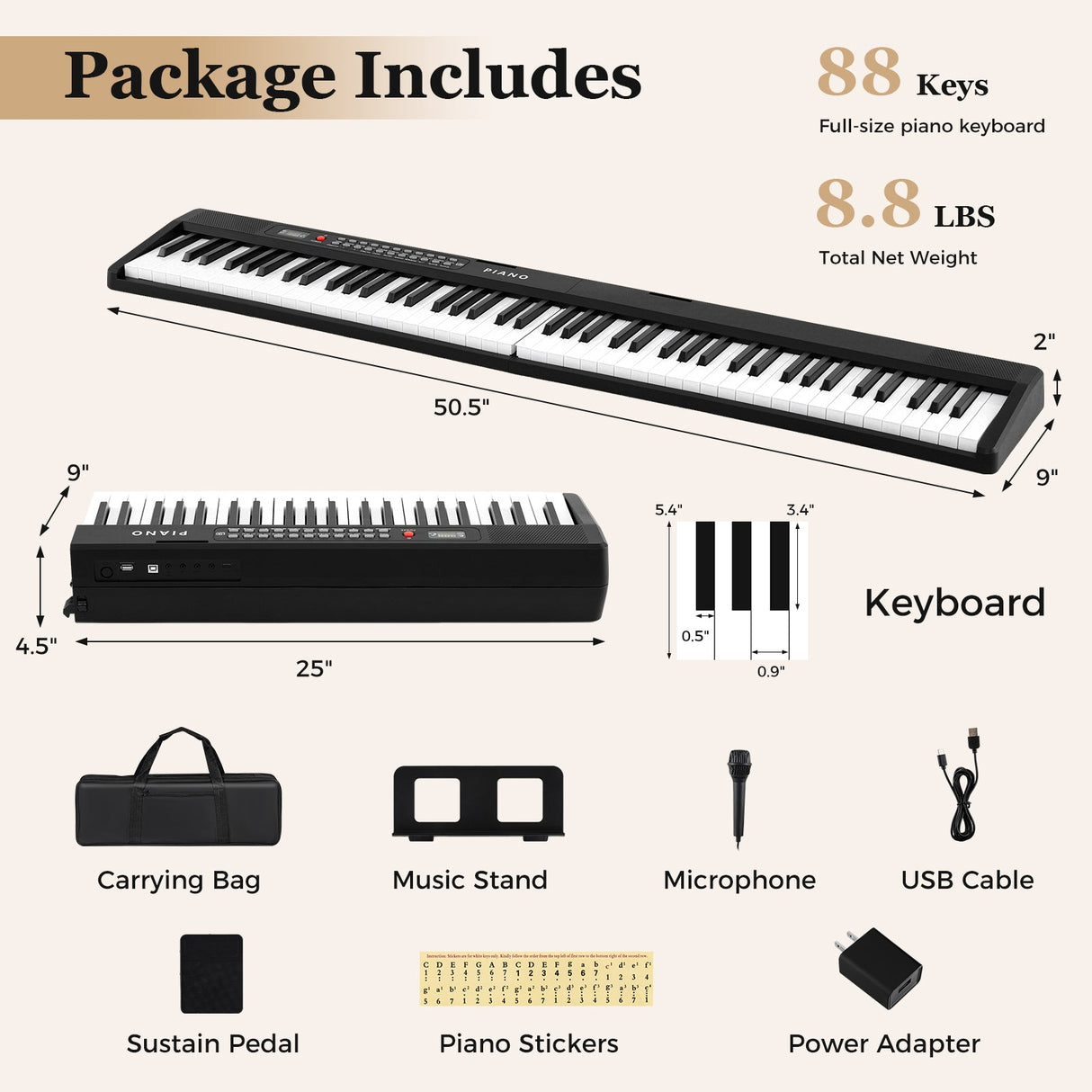 Teclado de piano plegable de 88 teclas, portátil, semipesado, eléctrico, negro