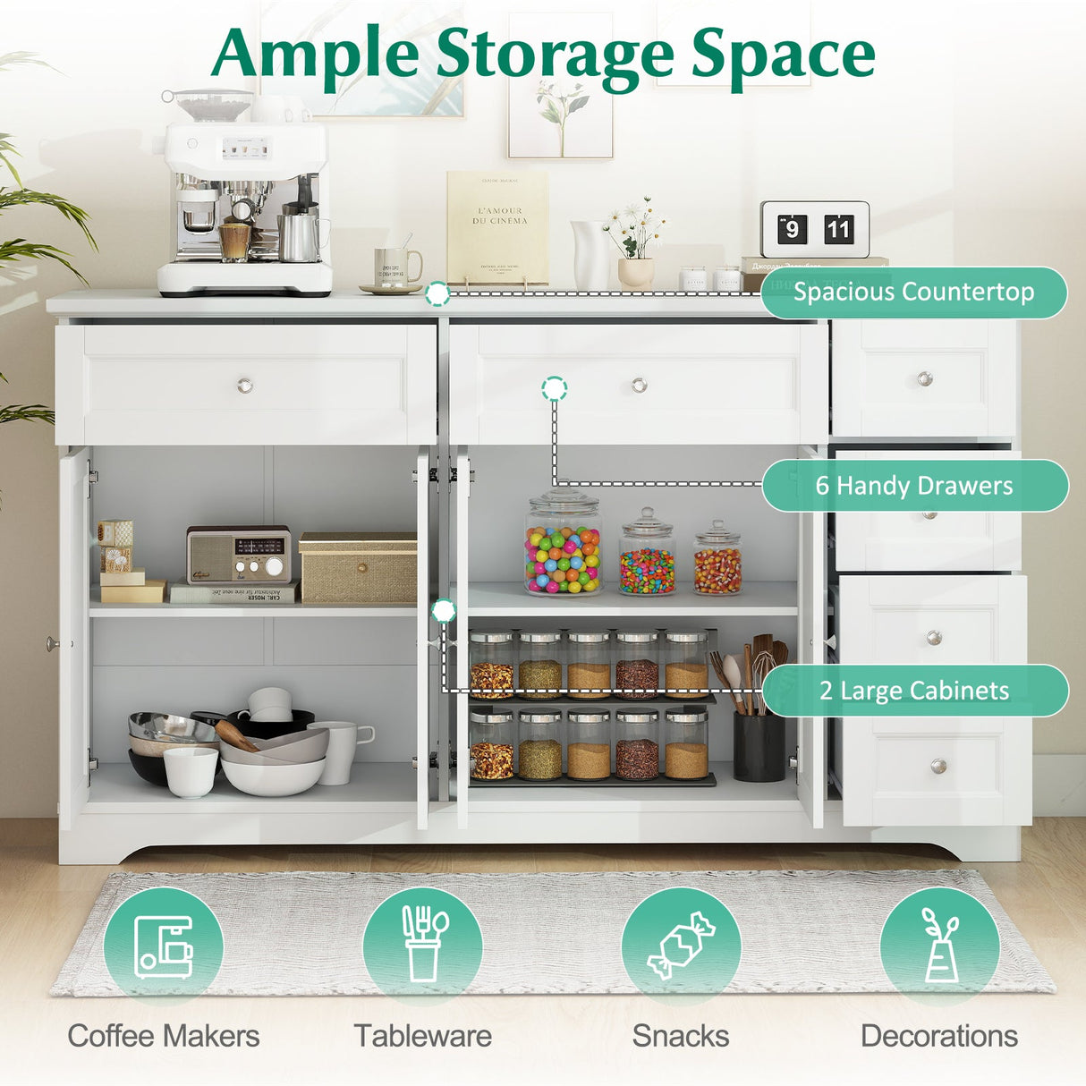 Aparador de bufé de 59" con barra de café moderna y mesa consola - Blanco