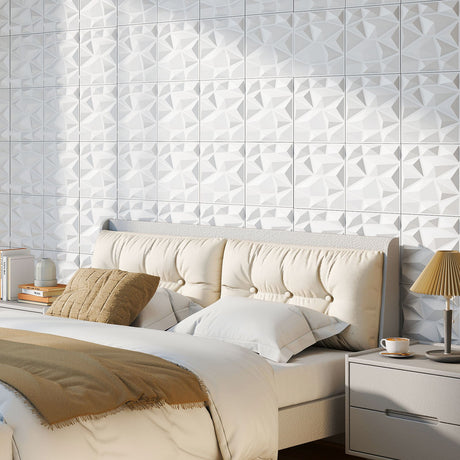 Paquete de 100 Paneles de Pared 3D de PVC de 30.5 x 30.5 cm para Decoración Interior con Detalles de Diamantes - Blanco