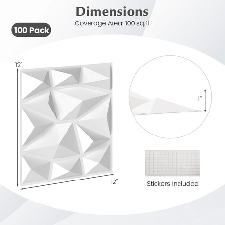 Paquete de 100 Paneles de Pared 3D de PVC de 30.5 x 30.5 cm para Decoración Interior con Detalles de Diamantes - Blanco