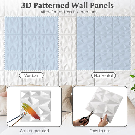 Paquete de 100 Paneles de Pared 3D de PVC de 30.5 x 30.5 cm para Decoración Interior con Detalles de Diamantes - Blanco