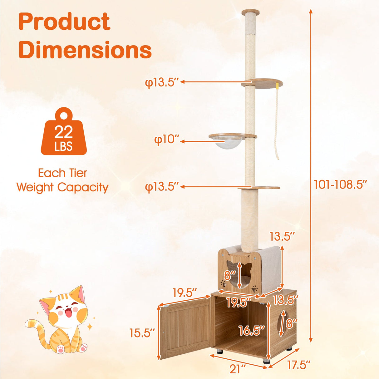 Rascador para gatos de 101 pulgadas de suelo a techo con altura ajustable y arenero oculto - Marrón