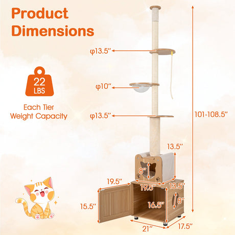Rascador para gatos de 101 pulgadas de suelo a techo con altura ajustable y arenero oculto - Marrón