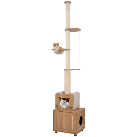 Rascador para gatos de 101 pulgadas de suelo a techo con altura ajustable y arenero oculto - Marrón